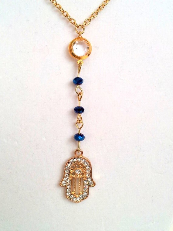 Gold Hamsa Rosary Necklace Midnight Blue Crystal Womens