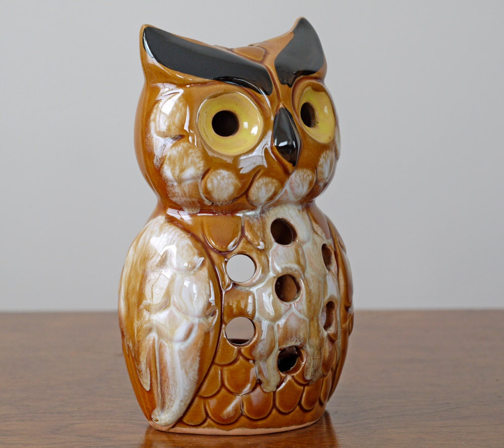 1970s Owl Candle Holder / 70s Owl Luminary