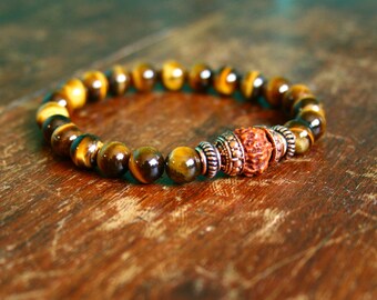Mens Meditation Bracelet Mala Tigers Eye Gemstone 21 Bead Rudraksha Copper Japa Bhakti Yoga Beads