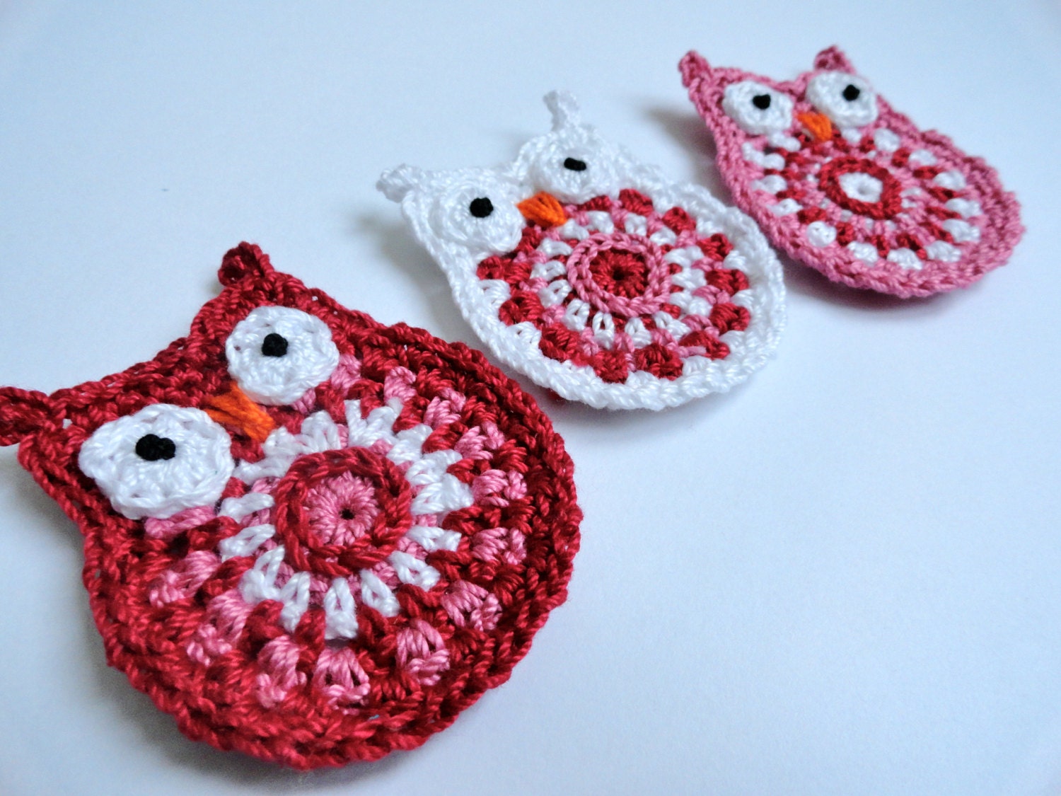 Valentine Crochet Owl Applique In Red Pink And White Set