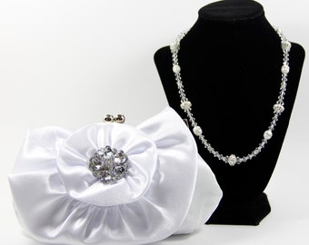 Bridal Clutch and Necklace - White Satin Clutch with Gorgeous Swarovski Crystal & Genuine Pearl Handle That Can Also Be Worn As A Necklace