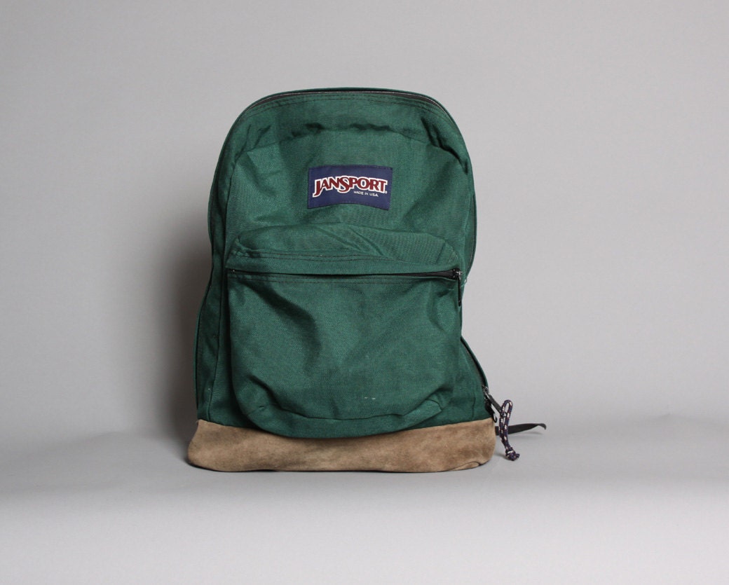 Vintage JANSPORT BACKPACK / Forest Green Canvas & Leather Base