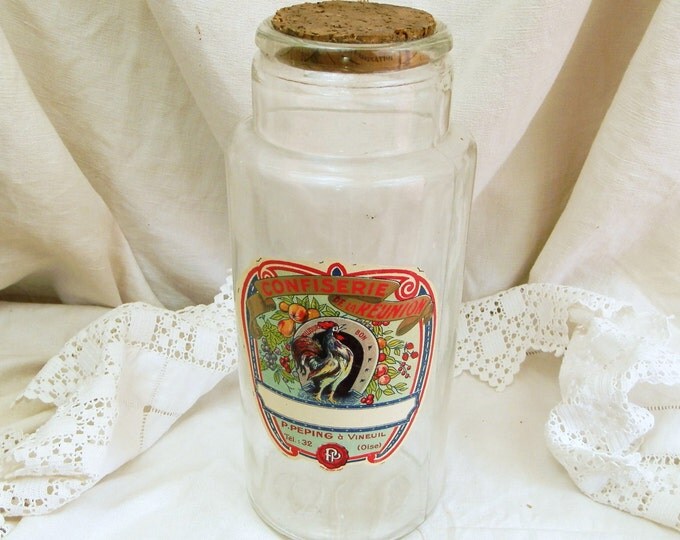 Rare Large Antique French Shop's Glass Candy Jar with Original Label / French Decor / Flea market / Brocante / Sweet Shop / Rooster / Home