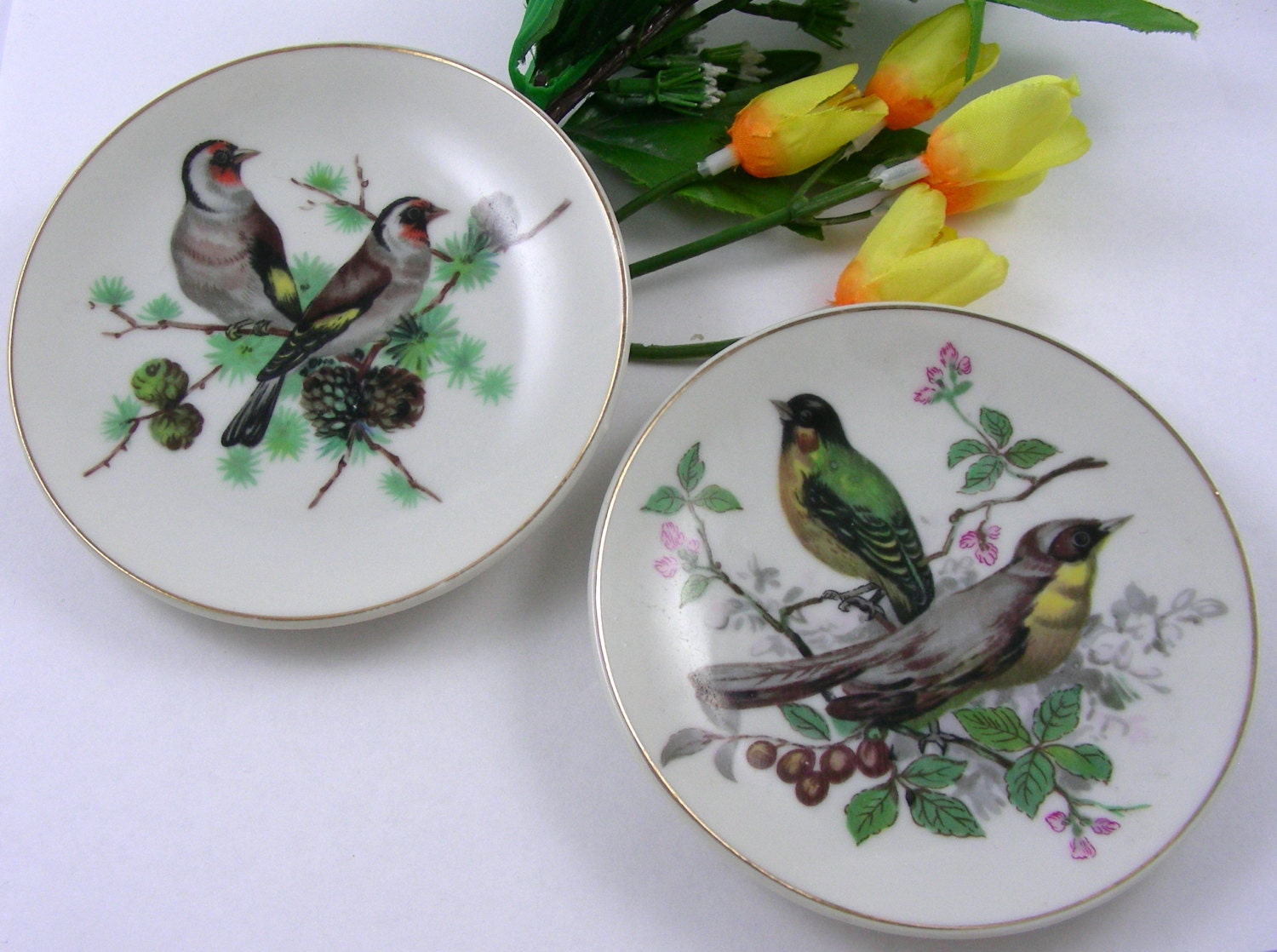 Vintage Mini Decorative Plates Birds Gold Trimmed