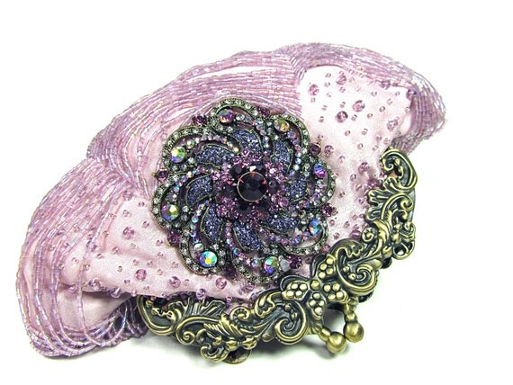 Pink Brass Beaded Crystal Vintage Inspired Wedding Purse Evening Clutch