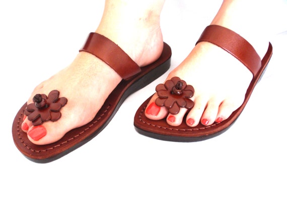 SALE ! New Leather Sandals FLOWER Toe POST Women's Shoes Flip Flops ...