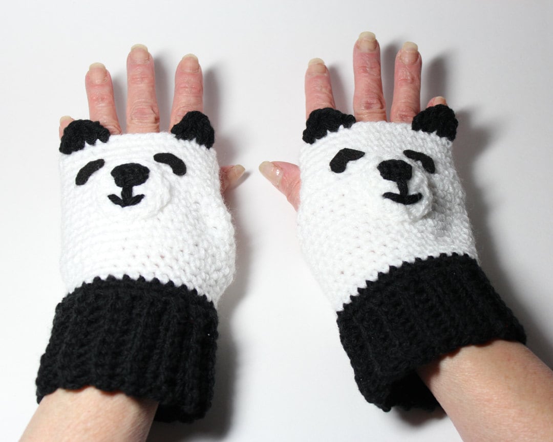 Panda Fingerless Gloves Crochet Animal Mittens Black and