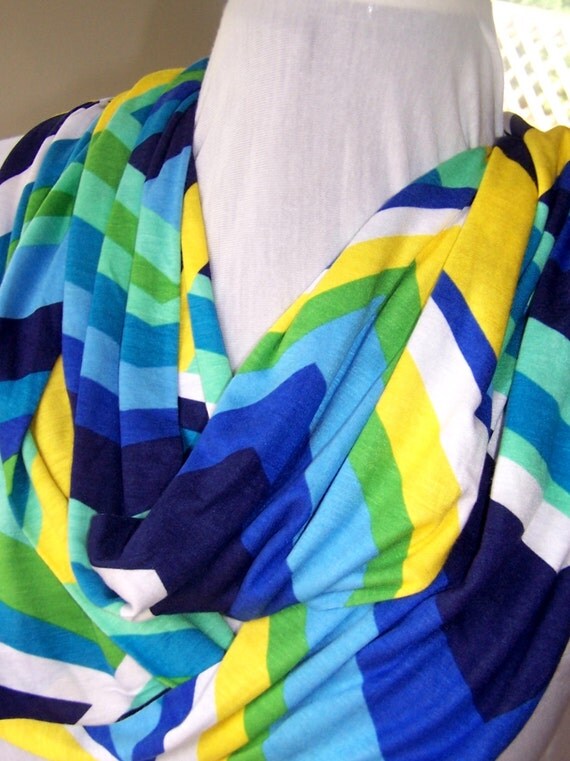 Infinity Scarf Green Blue and Yellow Stripes Jersey Knit
