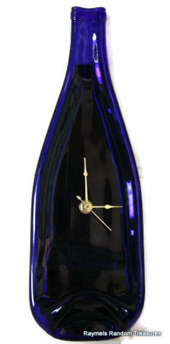 Wine Bottle Wall Clock Cobalt Blue slumped fused glass retro