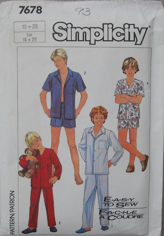 Teen Boys Pajamas Simplicity 7678 Size 18-20 by omasbricabrac