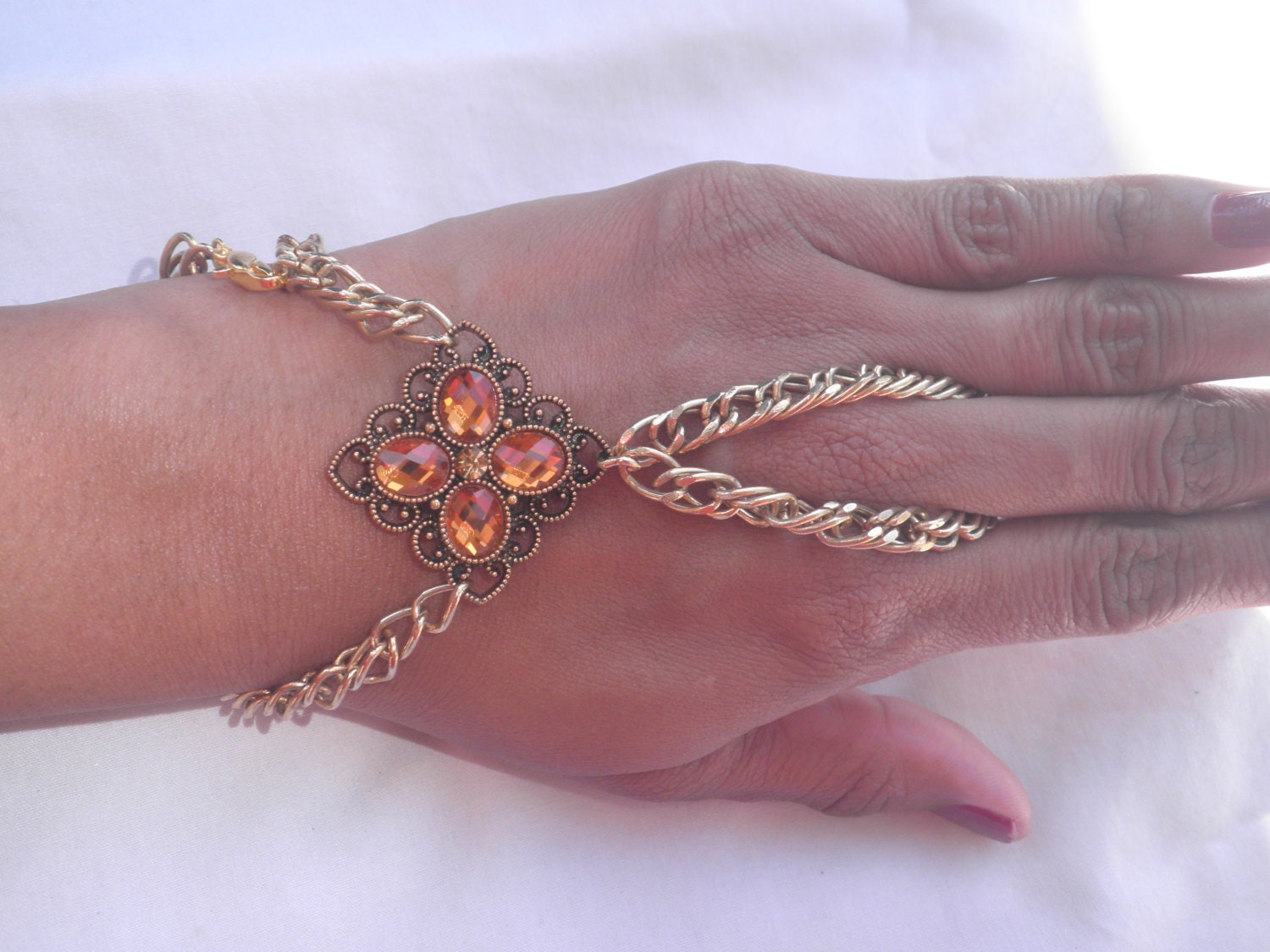 Gold Beaded Slave Cuff Bracelet with Gold Metal Chain Ring