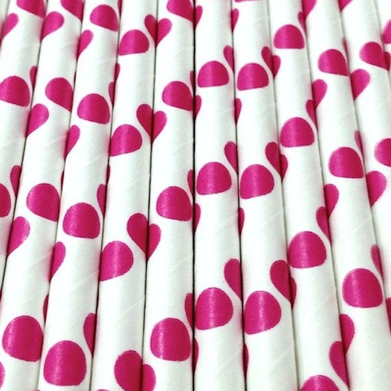 25 Hot Pink and White Striped Paper Straws - Drinking Straws with Party Flags - Party Supplies Il_570xn