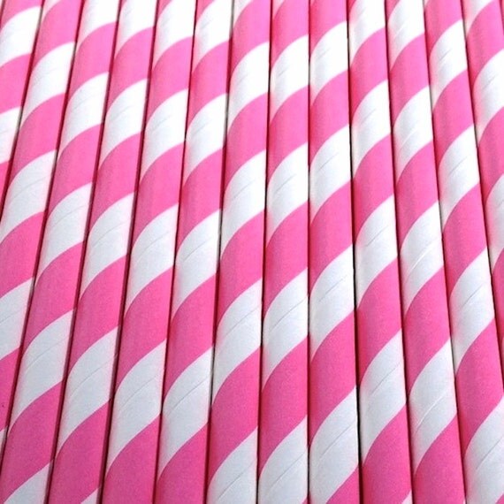 25 PINK and WHITE Paper Straws - Striped - Party Supplies Il_570xn