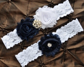 Something Blue Wedding Garter Set, Navy Bridal Garter Set - White Lace Garter, Keepsake Garter, Toss Garter, Shabby Chiffon White Navy Blue