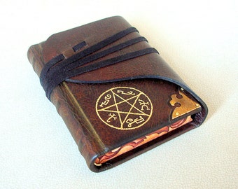 Leather Bound Journal, Sketchbook, Dark Brown Leather, Gilded Pentacle, Custom Symbol, Brass Corner, Gift for Him, Painted Edges