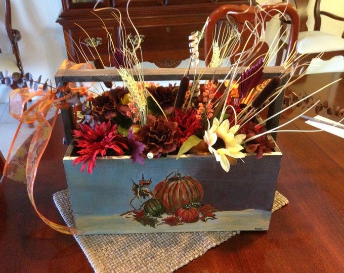 Wood Tool Box with handle, painted on both sides and Ornamental Flowers inside.