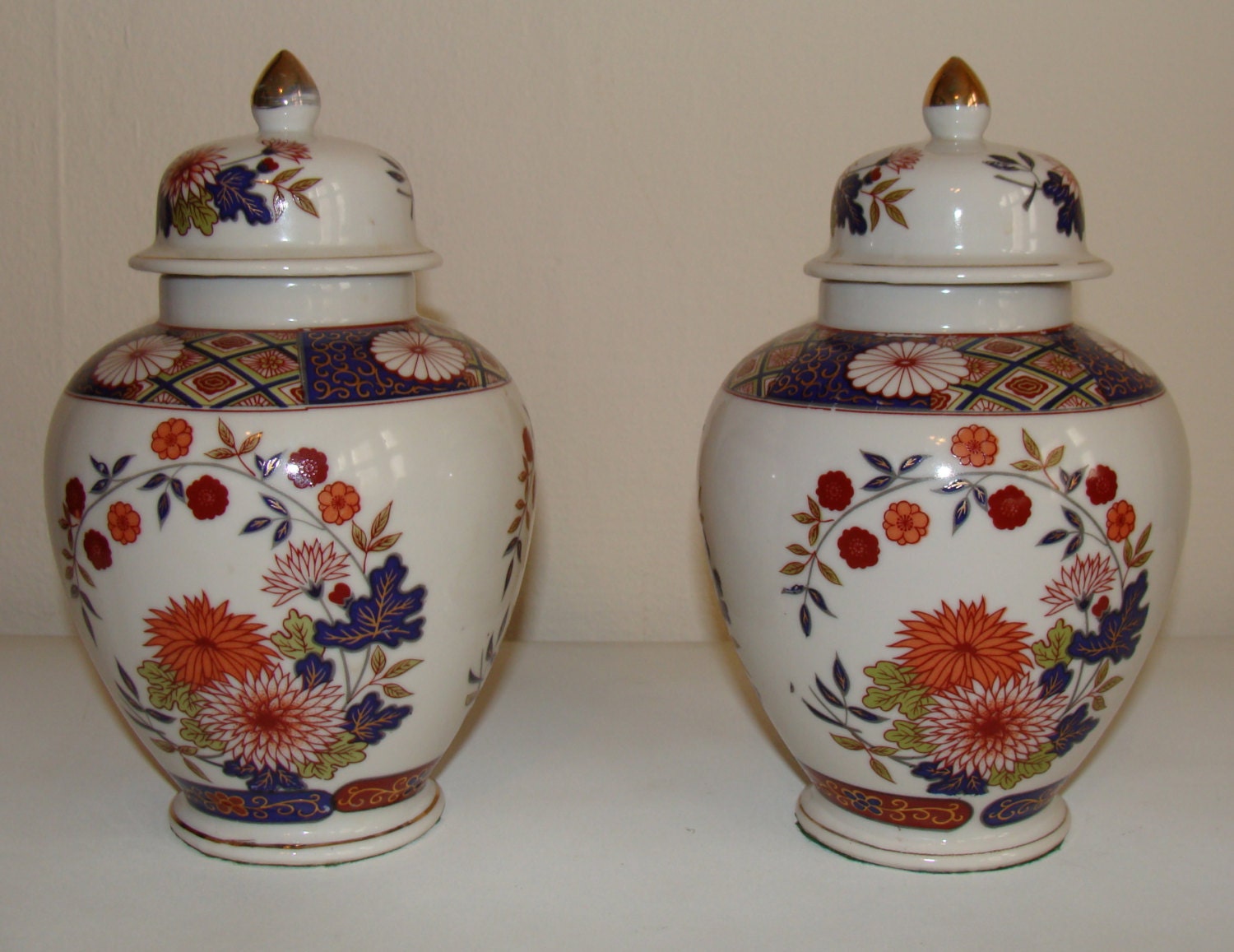 PAIR of Matching Ginger Jars with Lids Asian Canisters Set