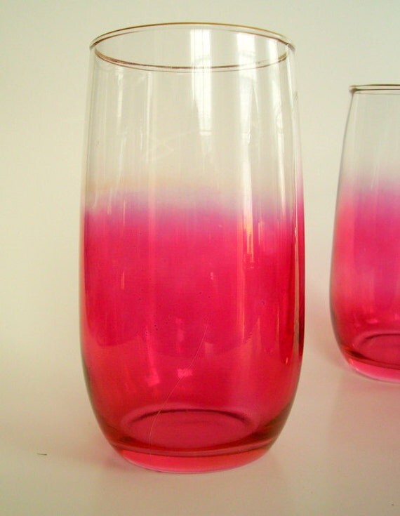 Vintage Mid Century Pink Ombre Glasses with Gold Rim