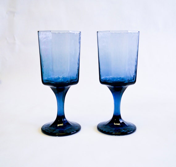 Dark Smoked Navy Blue Wine Glass Goblet Set of 8 Vintage