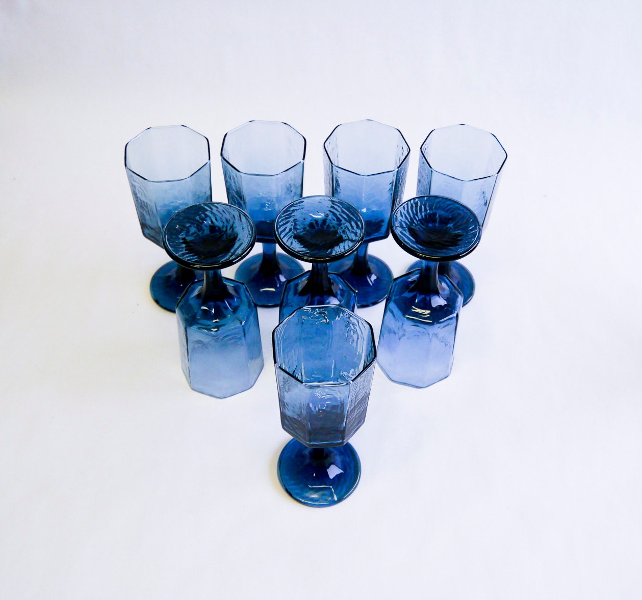 Dark Smoked Navy Blue Wine Glass Goblet Set of 8 Vintage