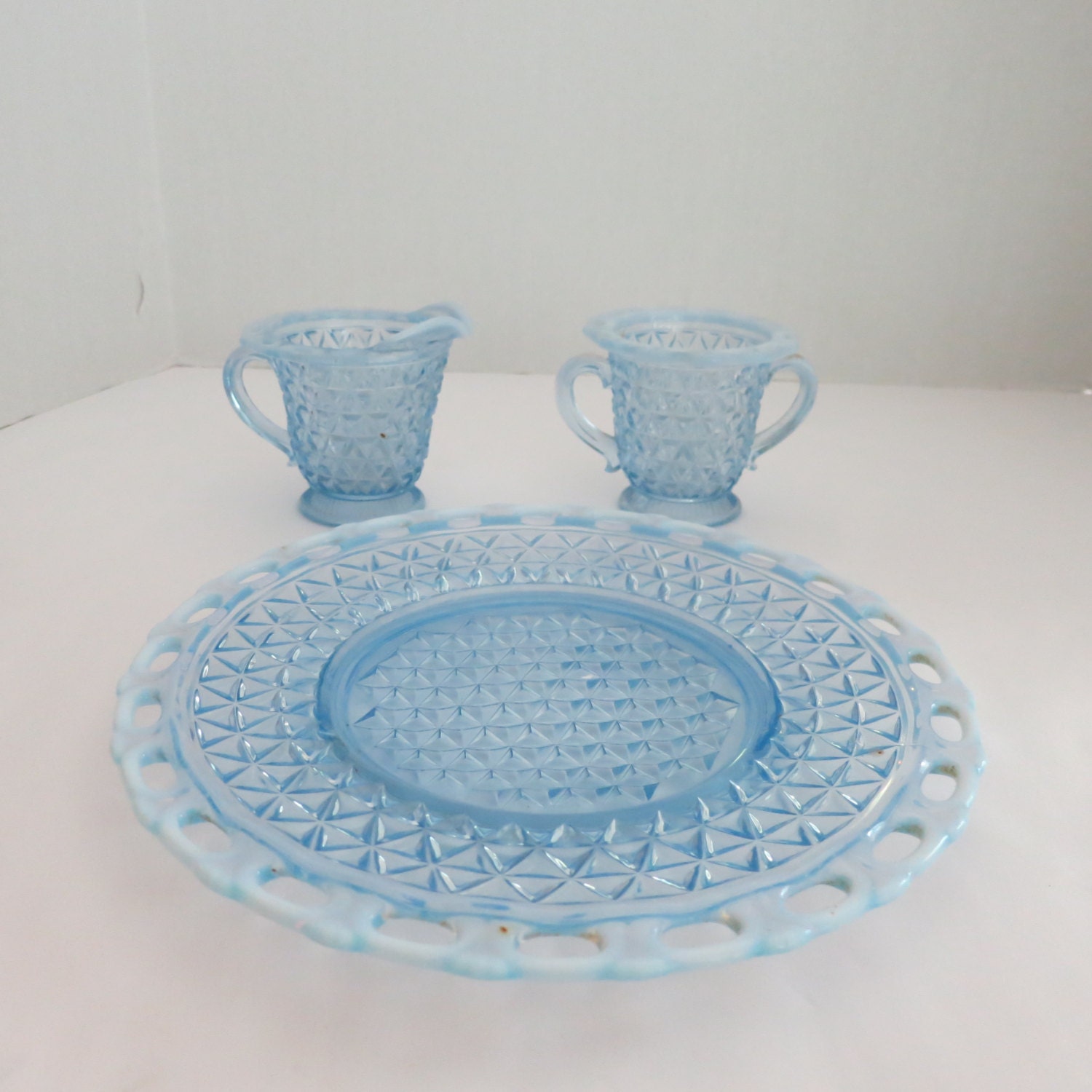 Antique Glass Dessert Plate Creamer Sugar Set Blue Very Old Haute Juice