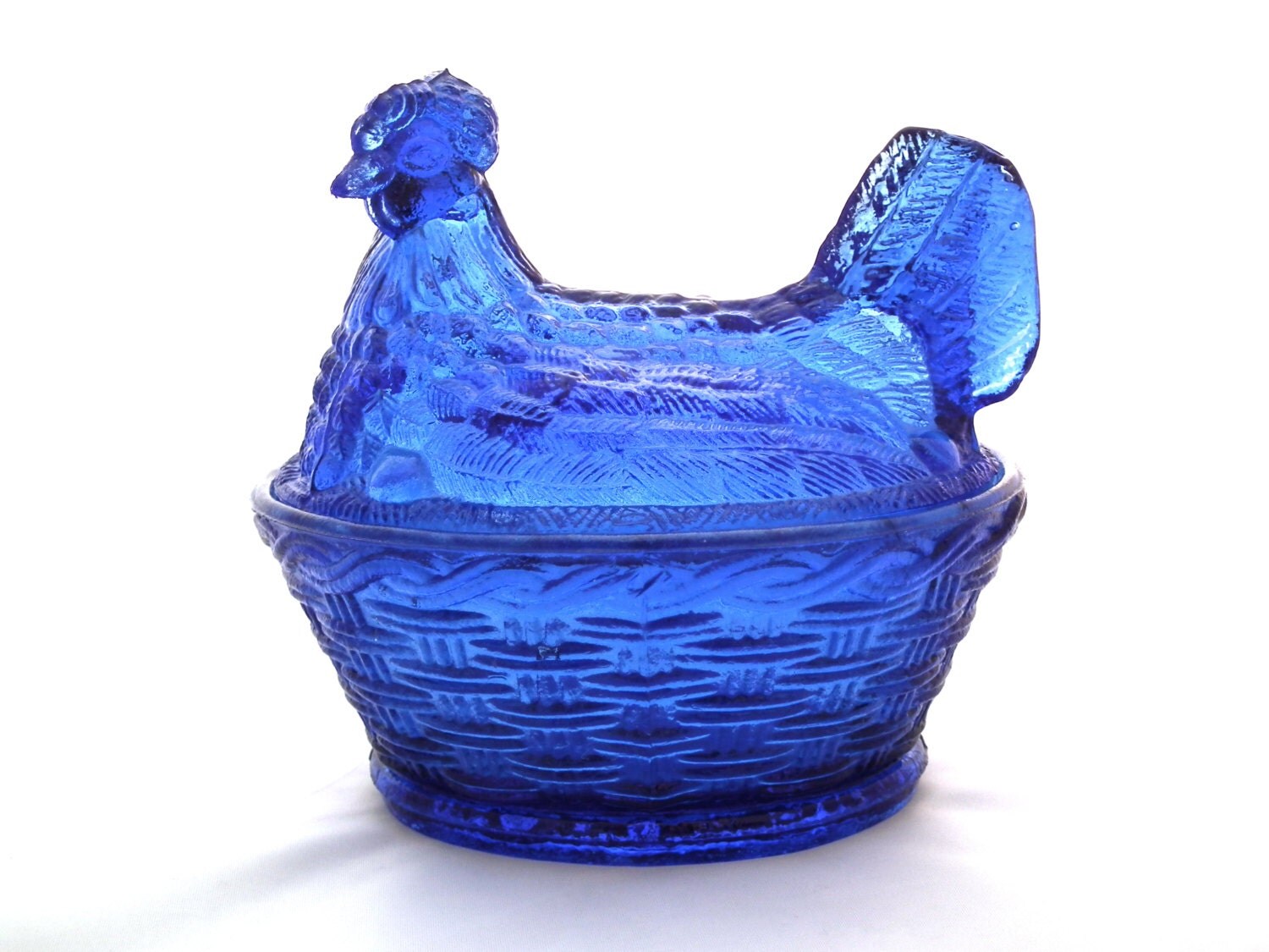 Colbolt Blue Glass Chicken in a basket pressed glass covered