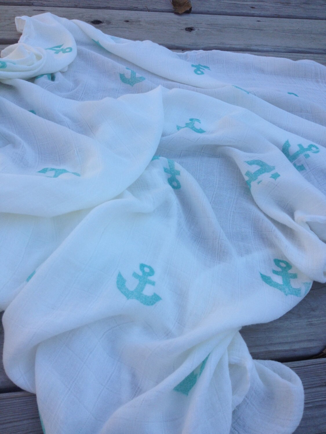Bamboo Muslin Swaddle Blanket Hand Stamped Turquoise Anchor