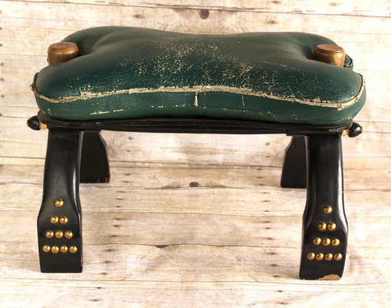Vintage Camel Saddle foot stool leather brass wood