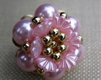 Pink Pearl Gold Bead Vintage Clip On Earrings