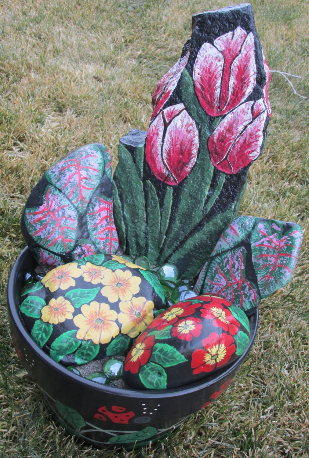 Rock flower planter Hand painted rocks Ceramic pot Tulips