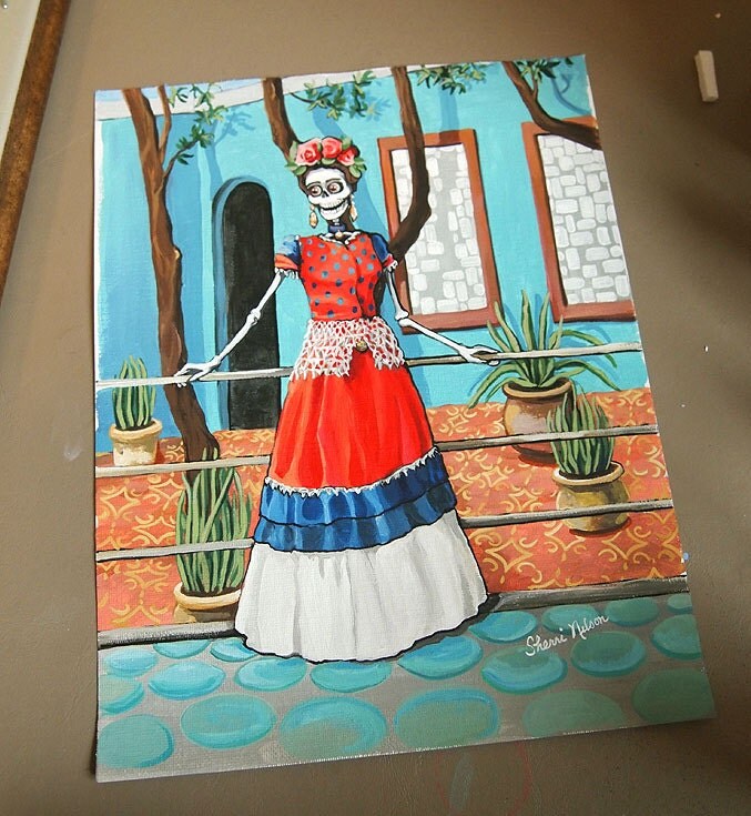 Skeleton Frida Kahlo Catrina Painting Dia De Los Muertos Art