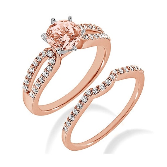 Pink Peach Morganite Diamond Matching Split Shank Engagement Ring ...