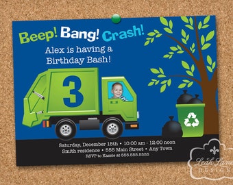 Garbage Truck Birthday Invitation with PHOTO / Garbage Truck Invitation / Recycle Truck Invitation / Personalized Printable Invitation