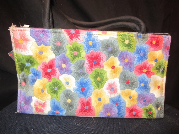 Vintage bright multi-colored floral on Black cloth handbag by