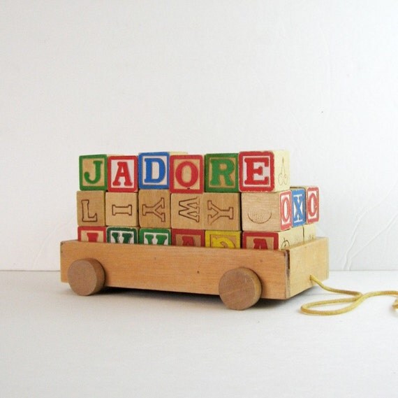 Vintage Wood Wagon Full of Alphabet Blocks Pull & by LastCentury