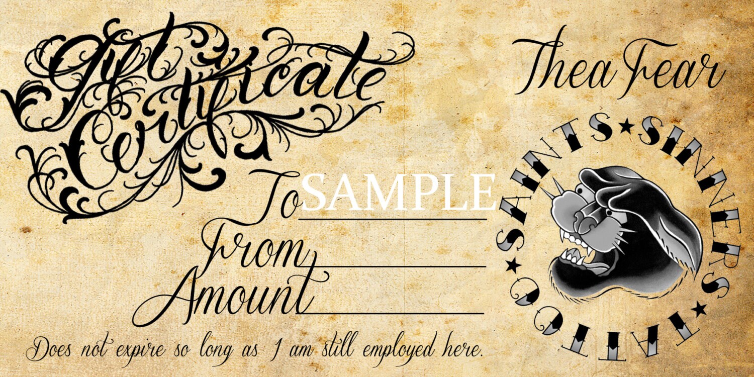 Items similar to Tattoo Gift Certificate Thea Fear on Etsy