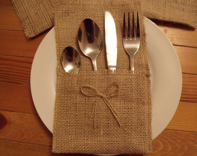 Burlap Silverware Holders with one bow , Rustic Wedding,Set of 70