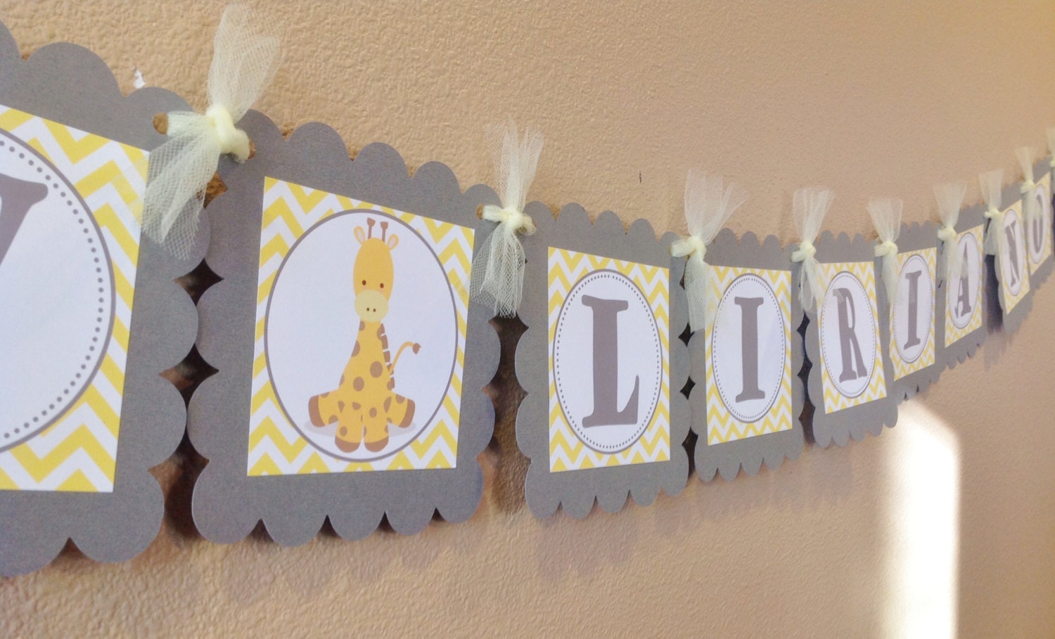 Baby Name Banner Yellow  Gray Chevron Baby Giraffe Theme