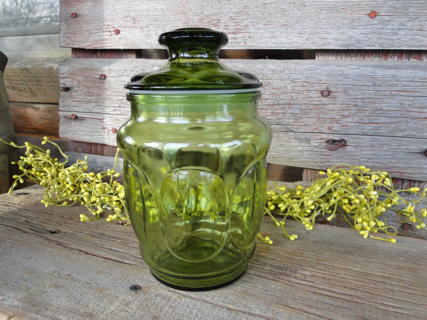 Vintage green glass canister with lid apothecary jar