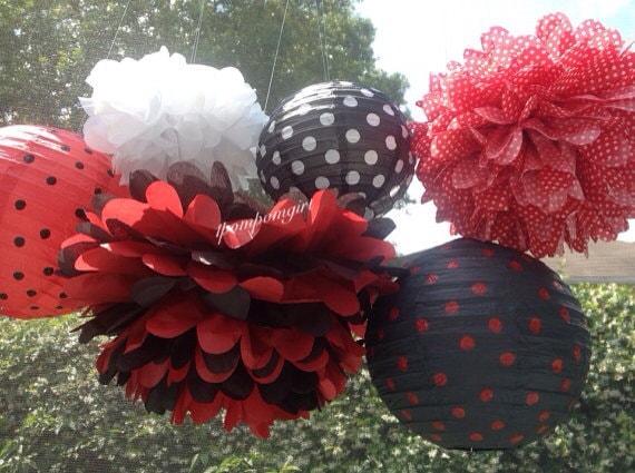 Lady Bug - 3 Tissue Paper Poms and 3 Decorated Paper Lanterns// Baby Shower, Birthday, Wedding, Bridal Shower, Nursery Decor