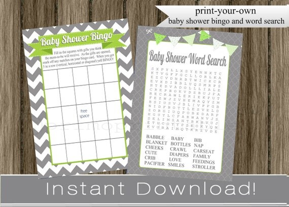 Baby Boy Shower Games Bingo and Word Search Cards gray chevron and lime green INSTANT DOWNLOAD diy digital printable files , babyshower Il_570xn