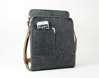 20% OFF! Gray Felt Messenger Bag Shoulder Bag Crossbody Bag iPad Bag School Bag Business Bag with Retro Leather Straps E1738-MGra01