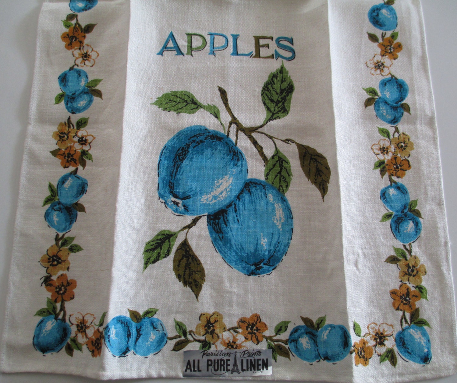 Unused Vintage Blue Apples Kitchen Dish Tea Towel by AStringorTwo