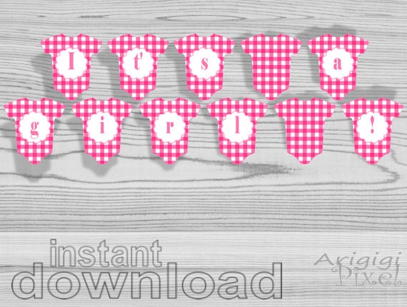 It's a girl // printable pink baby cloth banner // baby girl shower // DIY party decoration // pink gingham // instant download Il_570xn