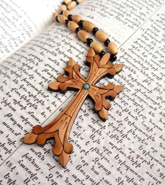 Cool Wooden Cross Pendant Chain Art Nouveau Turquoise by Inmmotion