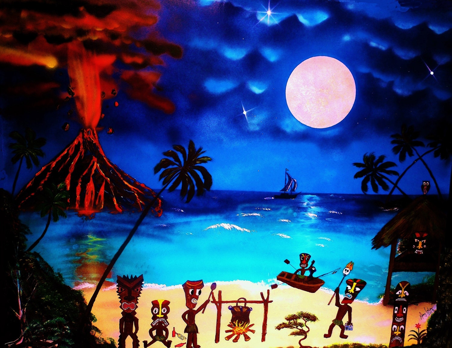 Huge 30 x 40 Tiki Art Painting Tiki bar art by AmyLeVineArt