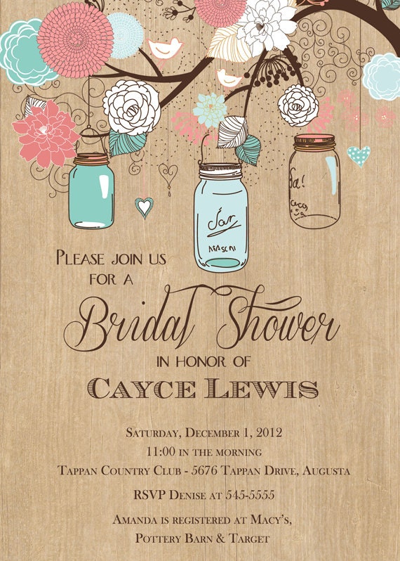 Rustic Mason Jar Tree with Woodgrain Bridal Shower Invitation - Printable Il_570xn