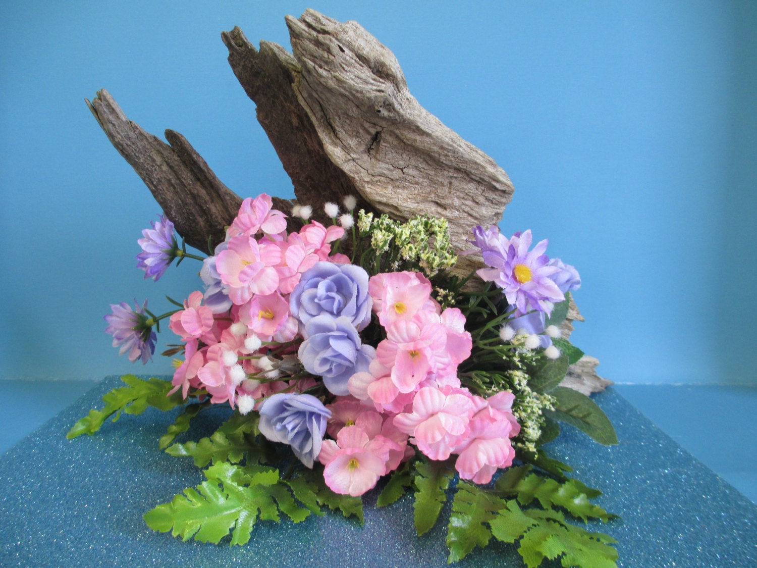 Driftwood floral centerpiece with summer silkflowers ooak