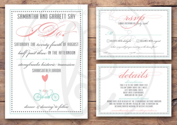 5x7 Tandem bike I DO wedding invite with response and details