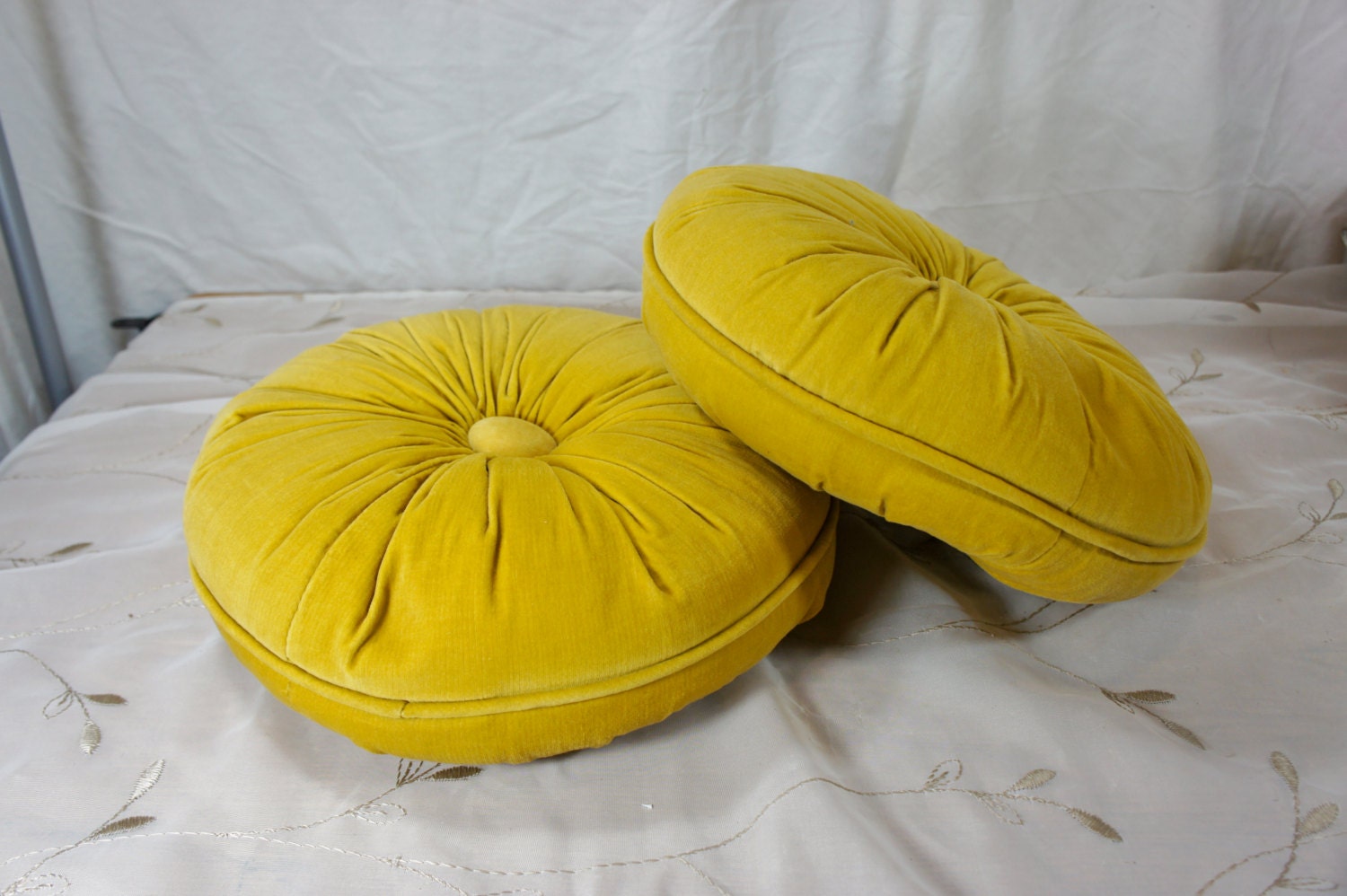 gold round velvet pillows tufted vintage hollywood regency